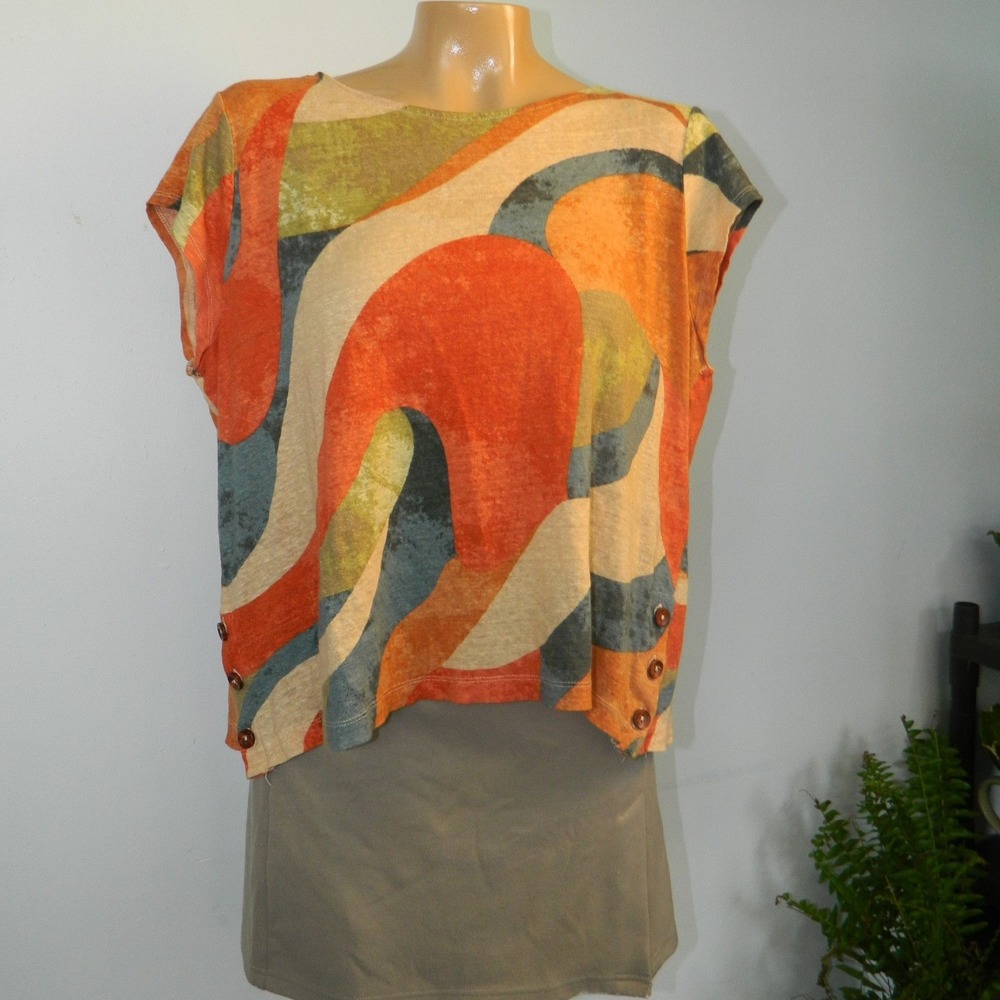 Rachel Zoe Top Women XL Orange Abstract 100% Linen Side Button Accent Cap Sleeve